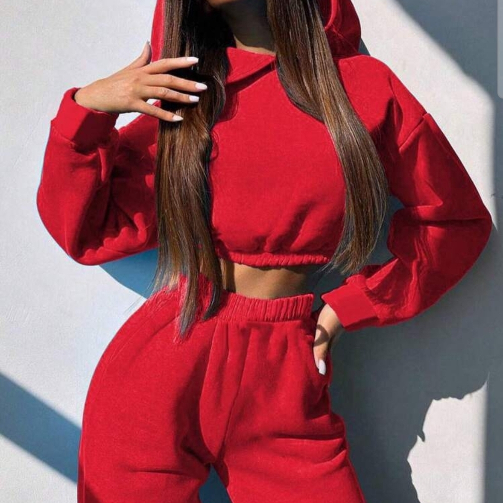 SHEIN Red Cropped Hoodie and High-Waist Joggers Set